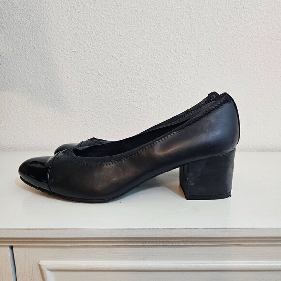 Soft Style Womens Sz 8.5 Black Faux Leather Pump Patent Toe Cap Comfort Shoes - Picture 5 of 10
